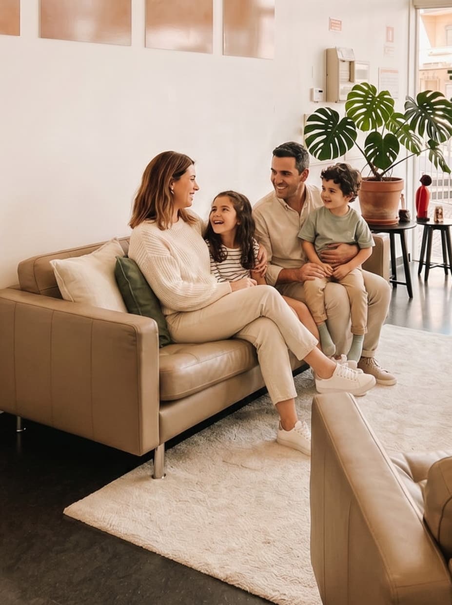Receção da Fábrica do Sorriso, com luz natural e atmosfera tranquila.